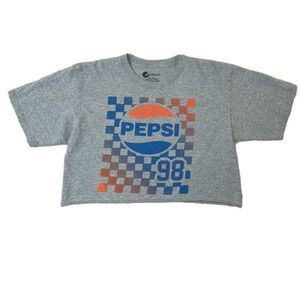 Pepsi 98 Gray with Red & Blue Logo Crop Top Short Sleeve T-Shirt - Size Large